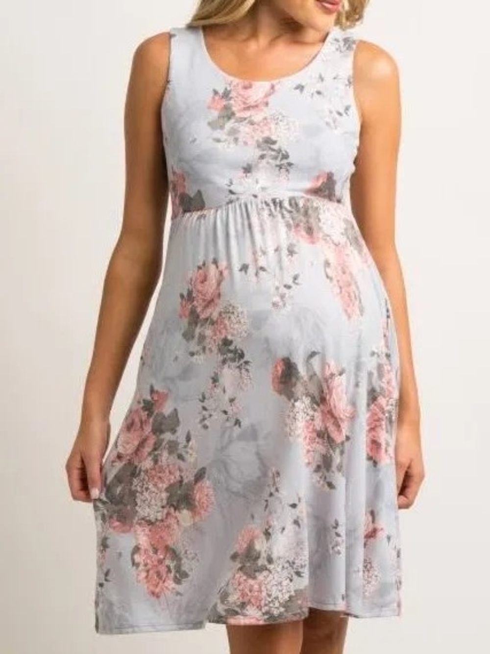 🩷 NWT Sleeveless Floral Maternity Dress in Light Gray w Pretty Pink Blooms